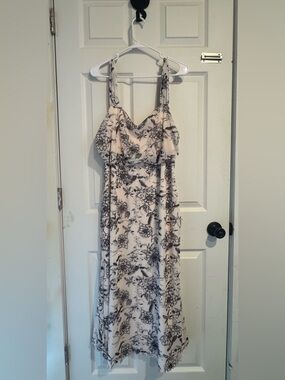 Cream Maxi Dress with Black Floral Print and Adjustable Straps